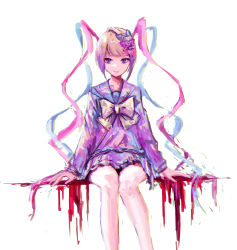 Rule 34 | 1girl, absurdres, blood, blood on clothes, blood splatter, blue bow, blue hair, bow, chouzetsusaikawa tenshi-chan, drill hair, hair bow, heart, highres, holographic clothing, k6tetsu, large bow, long sleeves, looking at viewer, multicolored hair, needy girl overdose, pink bow, pink hair, purple bow, purple eyes, sidelocks, simple background, sitting, skirt, smile, solo, thighs, twin drills, white background, white hair, wig, yellow bow