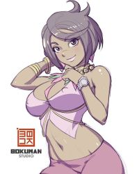 Rule 34 | 1girl, artist name, bare shoulders, black eyes, black hair, bokuman, bracelet, breasts, cleavage, closed mouth, covered erect nipples, creatures (company), dark-skinned female, dark skin, diamond (shape), earrings, elite four, game freak, gem, groin, island kahuna, jewelry, large breasts, navel, neck ring, necklace, nintendo, olivia (pokemon), pink lips, pink shirt, pokemon, pokemon sm, purple shorts, shirt, short hair, shorts, simple background, smile, solo, tank top, white background