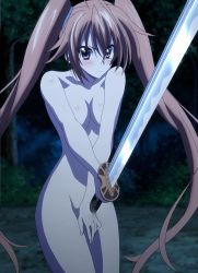 Rule 34 | 10s, 1girl, blush, breasts, covering privates, covering breasts, covering crotch, female focus, high school dxd, highres, katana, large breasts, long hair, nude, purple eyes, screencap, shidou irina, solo, standing, stitched, sword, third-party edit, twintails, weapon