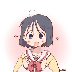 Rule 34 | 1girl, ahoge, artist name, black eyes, black hair, blush stickers, bow, bowtie, cardigan, clenched hand, commentary, gradient background, hands up, highres, long sleeves, looking down, nichijou, open mouth, pink background, red bow, red bowtie, sailor collar, school uniform, shinonome nano, short hair, sparkle, sun visor (mata69), surprised, tokisadame school uniform, twitter username, white background, white sailor collar, yellow cardigan