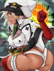Rule 34 | 1girl, arc system works, ass, bandaged arm, bandages, breasts, butt crack, cape, dark-skinned female, dark skin, fang, female focus, govsoyn, guilty gear, guilty gear strive, hat, highres, huge ass, looking at viewer, medium breasts, open mouth, orange eyes, platinum blonde hair, ramlethal valentine, shiny skin, short shorts, shorts, smile, solo, thighhighs