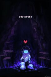Rule 34 | 1other, :|, androgynous, armor, black bodysuit, blue hair, blue skin, bodysuit, bodysuit under clothes, breastplate, cape, cave interior, closed mouth, colored skin, copyright name, covered eyes, deltarune, facing viewer, gauntlets, greaves, hand on own knee, heart, highres, hoshiakari lenu, knee up, kris (deltarune), other focus, pauldrons, pink cape, rock, scenery, shaded face, shards, short hair, shoulder armor, sitting, solo, wide shot