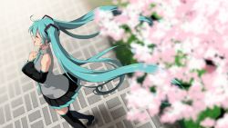 Rule 34 | 00s, 1girl, aqua eyes, aqua hair, bare shoulders, blurry, brick road, cherry blossoms, commentary, depth of field, detached sleeves, closed eyes, from above, hair ornament, hands on own chest, hatsune miku, long hair, matsuda toki, music, necktie, open mouth, outdoors, shirt, singing, sleeveless, sleeveless shirt, solo, standing, thighhighs, twintails, very long hair, vocaloid, zettai ryouiki