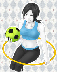 Rule 34 | 1girl, argyle, argyle background, argyle clothes, ball, bare shoulders, black hair, breasts, closed mouth, collarbone, colored skin, female focus, highres, hoop, hula hoop, jewelry, large breasts, long hair, midriff, navel, nintendo, pale skin, ring, shirt, shitougara, short hair, shorts, simple background, sitougara, skin tight, sleeveless, sleeveless shirt, smile, soccer ball, solo, super smash bros., tank top, telstar, white skin, wii fit, wii fit trainer, wii fit trainer (female)