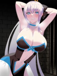 Rule 34 | 1girl, armpits, arms behind head, arms up, artist request, bdsm, black bow, blue eyes, blush, bondage, bound, bow, braid, breasts, center opening, cleavage, clothing cutout, cowboy shot, fate/grand order, fate (series), french braid, grey hair, highres, large breasts, long hair, looking at viewer, morgan le fay (fate), navel, solo, standing, stomach cutout, two-tone dress