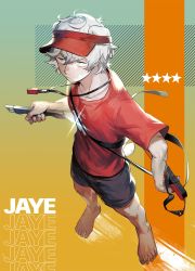 Rule 34 | 1boy, animal ears, arknights, aynoh, barefoot, bear boy, bear ears, bear tail, black shorts, closed mouth, grey eyes, grey hair, hat, highres, holding, holding knife, jaye (arknights), jaye (beach guard) (arknights), knife, lifeguard, male focus, red hat, red shirt, shirt, short sleeves, shorts, solo, sparkle, standing, star (symbol), tail, visor cap, whistle, whistle around neck