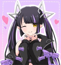 Rule 34 | 1girl, black hair, black shirt, blunt bangs, blush, closed mouth, commentary request, crop top, cross-laced clothes, cross-laced sleeves, demon girl, demon horns, heart, heart print, highres, horns, jacket, jewelry, kino haruc, kojo anna, kojo anna (1st costume), long hair, long sleeves, looking at viewer, multicolored hair, nanashi inc., one eye closed, pointy ears, purple background, purple hair, ring, russian text, shirt, sleeveless, sleeveless shirt, smile, solo, sugar lyric, tongue, tongue out, twintails, two-tone hair, upper body, virtual youtuber, yellow eyes