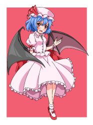 Rule 34 | 1girl, :d, bat wings, blue hair, blush, bobby socks, border, collared shirt, fangs, fingernails, frilled shirt collar, frilled skirt, frilled sleeves, frills, full body, hat, jamikko319, looking at viewer, mary janes, mob cap, nail polish, open mouth, pink hat, pink shirt, pink skirt, puffy short sleeves, puffy sleeves, red background, red eyes, red footwear, red nails, remilia scarlet, sharp fingernails, shirt, shoes, short hair, short sleeves, skirt, skirt set, smile, socks, solo, touhou, white border, white socks, wings, wrist cuffs