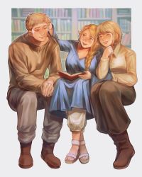 Rule 34 | 1boy, 2girls, ^ ^, adjusting another&#039;s hair, blonde hair, blue eyes, blue robe, blush, bob cut, book, bookshelf, boots, braid, breasts, brother and sister, brown footwear, brown pants, brown shirt, cleavage, closed eyes, collared shirt, commentary, dungeon meshi, elf, english commentary, falin touden, falin touden (tallman), grey pants, hair around ear, hand on another&#039;s head, hand up, happy, highres, invisible chair, jinaxxo, laios touden, laughing, light brown hair, locked arms, long hair, long sleeves, looking at another, looking away, looking to the side, marcille donato, multiple girls, one eye closed, open book, outside border, outstretched arm, own hands together, pants, pants tucked in, pointy ears, robe, sandals, scar, scar on face, shirt, short hair, siblings, side-by-side, single braid, sitting, smile, white background, white pants, white shirt, yellow eyes