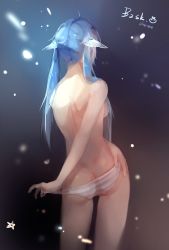 Rule 34 | 1girl, 2016, ahoge, aqua ribbon, arm behind back, artist name, ass, back, baozishark, bare legs, blue hair, breasts, butt crack, contrapposto, cowboy shot, dated, fingernails, from behind, hair over breasts, hand on own hip, highres, horn ornament, horn ribbon, horns, legs apart, long hair, original, panties, panties only, ribbon, shoulder blades, small breasts, solo, standing, striped clothes, striped panties, topless, twintails, underwear, underwear only