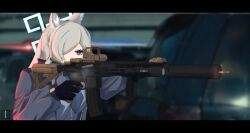 1girl absurdres animal_ears assault_rifle blue_archive blue_halo dog_girl extra_ears firing gun hair_over_one_eye halo highres incredibly_absurdres kanna_(blue_archive) m4_carbine non-web_source rifle valkyrie_police_academy_student_(blue_archive) weapon