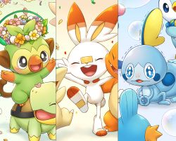 Rule 34 | black eyes, blush, bubble, charmander, closed eyes, commentary request, creatures (company), cyndaquil, fang, game freak, gen 1 pokemon, gen 2 pokemon, gen 3 pokemon, gen 4 pokemon, gen 8 pokemon, grookey, hands up, happy, head wreath, kemonomichi (blue black), looking back, mudkip, nintendo, no humans, open mouth, own hands together, petals, piplup, pokemon, pokemon (creature), riding, riding pokemon, scorbunny, sobble, standing, tongue, trembling, turtwig, wavy eyes