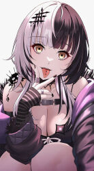 Rule 34 | 1girl, absurdres, black coat, black dress, black gloves, black hair, black nails, breasts, chest belt, cleavage, coat, dress, elbow gloves, fur-trimmed coat, fur trim, gloves, highres, hololive, hololive english, large breasts, looking at viewer, multicolored hair, nail polish, omenion, piercing, shiori novella, shiori novella (1st costume), split-color hair, striped clothes, striped gloves, teeth, tongue, tongue out, tongue piercing, upper teeth only, virtual youtuber, white background, white hair, yellow eyes, yorick (shiori novella)