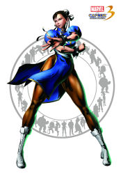 Rule 34 | 1girl, absurdres, black hair, boots, bracelet, brown eyes, brown hair, brown pantyhose, bun cover, capcom, china dress, chinese clothes, chun-li, double bun, dress, earrings, eyeshadow, female focus, fighting stance, full body, hair bun, hair ribbon, high heels, highres, hip focus, jewelry, legs, lipstick, makeup, marvel, marvel vs. capcom, marvel vs. capcom 3, mori toshiaki, muscular, official art, pantyhose, puffy sleeves, ribbon, sash, shiny clothes, shoes, short dress, short hair, simple background, solo, spiked bracelet, spikes, spread legs, street fighter, thick thighs, thighs, turtleneck, white background, wide hips, wind