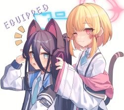Rule 34 | 2girls, absurdly long hair, animal ear headphones, animal ears, aris (blue archive), black hair, blonde hair, blue archive, blue eyes, blue halo, blue necktie, bow, breasts, cat tail, closed mouth, collared shirt, fake animal ears, hair bow, halo, headphones, highres, jacket, long hair, long sleeves, momoi (blue archive), multiple girls, necktie, one eye closed, open clothes, open jacket, open mouth, pink halo, red bow, red eyes, ricke 2002, shirt, short hair, simple background, small breasts, smile, tail, very long hair, white background, white jacket, white shirt