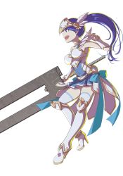 Rule 34 | 1girl, armor, armored boots, armored dress, blue dress, blue hair, boots, bow, breasts, covered navel, dress, full body, headgear, high heels, holding, holding sword, holding weapon, large breasts, long hair, magical girl, magicami, official art, ohtori ao, open mouth, ponytail, sword, thighhighs, transparent background, weapon, zettai ryouiki