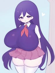 Rule 34 | 1girl, aliceyawnin, alternate breast size, arms behind back, black sweater vest, blush, breasts, closed mouth, curvy, heart, highres, huge breasts, long hair, looking at viewer, mari (omori), miniskirt, necktie, omori, plump, purple eyes, purple hair, school uniform, shirt, short sleeves, shortstack, skirt, smile, solo, sweater vest, thick thighs, thighhighs, thighs, white shirt, white thighhighs
