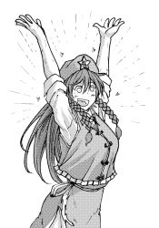Rule 34 | 1girl, \(^o^)/, arms up, black shirt, blush, braid, breasts, china dress, chinese clothes, collared shirt, commentary, commentary request, dress, greyscale, happy, hat, hong meiling, koyubi (littlefinger1988), large breasts, long hair, monochrome, monochrome, muscular, muscular female, open mouth, scar, shirt, shoes, sleeves rolled up, smile, solo, star (symbol), tongue, touhou, twin braids, white background, white shirt