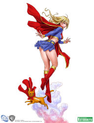 Rule 34 | 1girl, :d, ahoge, animal, back, belt, blonde hair, blue shirt, blue skirt, blush, boots, cape, cat, cloud, copyright name, crop top, dc comics, emblem, female focus, fingernails, flying, from behind, full body, highres, knee boots, kneepits, kryptonian, leaning forward, lipstick, long fingernails, long hair, looking at viewer, looking back, makeup, miniskirt, open mouth, red cape, shirt, simple background, skin tight, skirt, smile, solo, streaky, streaky the supercat, supergirl, superman (series), thighs, warner bros, watermark, white background, wind, yamashita shun&#039;ya