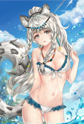 Rule 34 | 1girl, :o, animal ear fluff, animal ears, arknights, bare shoulders, belt, bikini, blue sky, blush, braid, breasts, circlet, cleavage, cloud, collarbone, day, frilled bikini, frills, grey eyes, hair between eyes, hand up, highres, humiaojun, jewelry, leopard ears, leopard tail, long hair, long sleeves, looking at viewer, medium breasts, navel, necklace, ocean, outdoors, ponytail, pramanix (arknights), side braids, signature, sky, solo, stomach, swimsuit, tail, turtleneck, twin braids, very long hair, white bikini, white hair