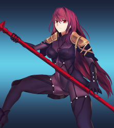 Rule 34 | 1girl, absurdres, armor, bodysuit, breasts, cleavage, fate/grand order, fate (series), gae bolg (fate), hair between eyes, hair intakes, high heels, highres, holding, large breasts, long hair, looking at viewer, navel, polearm, purple hair, red eyes, scathach (fate), solo, spear, user hpff8377, very long hair, weapon