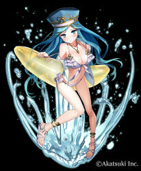 Rule 34 | 1girl, anchor, anklet, bare legs, bikini, black background, blue eyes, blue hair, blue hat, blush, breasts, cleavage, closed mouth, collarbone, company name, feet, frilled bikini, frills, front-tie top, frown, full body, gaou (umaiyo puyoman), glowing, hair ornament, hairclip, hands up, hat, head tilt, highres, inflatable toy, jewelry, large breasts, long hair, looking at viewer, matching hair/eyes, navel, necklace, no socks, o-ring, o-ring bikini, off shoulder, official art, parted lips, sandals, shirt, side-tie bikini bottom, simple background, solo, splashing, star (symbol), strap, swimsuit, thousand memories, toes, transparent, unbuttoned, unbuttoned shirt, very long hair, water, water drop, white bikini, white footwear, white shirt