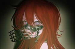 Rule 34 | 1girl, blood, blood on face, blue eyes, bright pupils, collar, fangs, highres, long hair, looking at viewer, muzzle, open mouth, original, portrait, red hair, riroi (rntr ll), solo, spiked collar, spikes