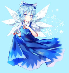 Rule 34 | 1girl, bad id, bad pixiv id, blue dress, blue eyes, blue hair, bow, cirno, clothes lift, dress, dress lift, hair bow, highres, ice, ice wings, looking at viewer, matching hair/eyes, puffy short sleeves, puffy sleeves, shirt, short sleeves, solo, touhou, uranaishi (miraura), wings