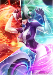 Rule 34 | 1girl, alternate costume, artist name, ass, breasts, cowboy shot, dj, dj sona, facebook username, green hair, large breasts, league of legends, long hair, magion02, mask, multicolored hair, red hair, signature, skin tight, solo, sona (league of legends), twintails, watermark, web address