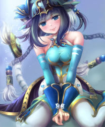 Rule 34 | 1girl, bad id, bad pixiv id, bare shoulders, black hair, blue eyes, braid, chinese clothes, gradient background, haku (p&amp;d), highres, long hair, multicolored hair, puzzle &amp; dragons, shoichi (ekakijin), sitting, smile, solo, tail, tiger tail, wariza, white hair