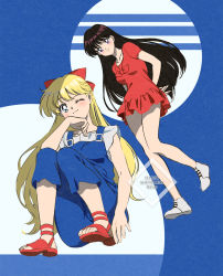 Rule 34 | 2girls, ;), aino minako, arms behind back, artist name, bishoujo senshi sailor moon, black hair, blonde hair, blue eyes, bow, breasts, closed mouth, commentary, dress, elbow on knee, elbow rest, full body, hair bow, head rest, hino rei, kaze-hime, leaning forward, long hair, looking at viewer, multiple girls, one eye closed, overalls, purple eyes, red bow, red dress, red footwear, sandals, shirt, short dress, short sleeves, sitting, sleeveless, sleeveless shirt, small breasts, smile, standing, white footwear, white shirt