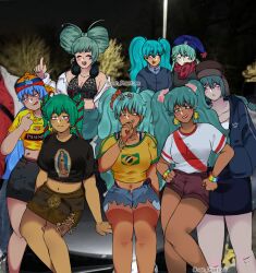 6+girls aqua_hair aqua_skirt backwards_hat belt black_shirt black_skirt blue_hair blue_hat blue_shorts blush brazil brazilian_flag brazilian_flag_print brazilian_miku breasts brown_shorts brown_skirt cleavage closed_eyes collared_shirt earrings ecuador ecuadorian_flag_print exposed_pocket feet_out_of_frame green_hair hat hatsune_miku highres index_finger_raised jewelry leah_phamtomm long_sleeves looking_at_viewer mexico midriff multiple_girls navel night open_clothes open_mouth open_shirt outdoors parted_lips peru peruvian_miku print_headwear print_shirt red_scarf scarf shirt short_sleeves shorts skirt smile twintails vocaloid white_shirt worldwide_miku yellow_shirt