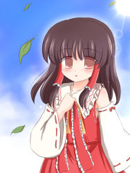 Rule 34 | 1girl, :o, blue sky, blush, brown eyes, brown hair, day, detached sleeves, female focus, hair tubes, hakurei reimu, japanese clothes, leaf, lens flare, looking at viewer, miko, mountain of faith, no pupils, outdoors, ry (yagoyago), sky, solo, sun, touhou