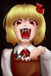 Rule 34 | 3girls, bag, black hair, black vest, blonde hair, bow, child, collar, detached sleeves, eyebrows, eyes visible through hair, fangs, giant, giantess, hair between eyes, hair bow, hair tubes, hakurei reimu, hat, hat bow, japanese clothes, kirisame marisa, long sleeves, mary janes, mazume, miko, mini person, minigirl, multiple girls, open mouth, red bow, red eyes, ribbon-trimmed skirt, ribbon-trimmed sleeves, ribbon trim, rumia, shirt, shoes, short hair, size difference, skirt, socks, soft vore, teeth, touhou, vest, vore, white shirt, witch hat