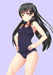 Rule 34 | 1girl, 30-06, bad id, bad pixiv id, black hair, black one-piece swimsuit, breasts, competition school swimsuit, covered navel, cowboy shot, grey background, hair ribbon, hands on own hips, highres, isokaze (kancolle), kantai collection, long hair, looking at viewer, medium breasts, one-piece swimsuit, red eyes, ribbon, school swimsuit, simple background, smug, solo, swimsuit, tress ribbon