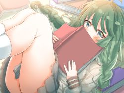 Rule 34 | 1girl, absurdres, ahoge, blue eyes, blush, book, braid, commentary request, covered mouth, feet out of frame, green hair, grey skirt, grey sweater, hair between eyes, highres, holding, holding book, legs up, long hair, long sleeves, looking at viewer, lying, on back, open book, pleated skirt, princess connect!, skirt, sleeves past wrists, socks, solo, sumioo (sumikko no ousama), sweater, twin braids, twintails, white socks, yuni (princess connect!), yuni (real) (princess connect!)