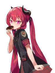 Rule 34 | 1girl, bekusi3250, blue archive, breasts, commentary request, cowboy shot, doughnut, food, food in mouth, highres, horns, junko (blue archive), long hair, looking at viewer, pink eyes, pleated skirt, pointy ears, red hair, red skirt, short sleeves, simple background, skirt, slit pupils, small breasts, solo, twintails, white background