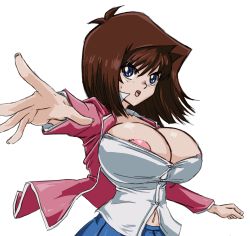 Rule 34 | 1girl, absurdres, alternate breast size, areola slip, blazer, blue eyes, blue skirt, blush, breasts, brown hair, cleavage, domino high school uniform, highres, huge breasts, jacket, looking at viewer, mazaki anzu, miniskirt, navel, outstretched arms, pink shirt, school uniform, shiny skin, shirt, short hair, simple background, skirt, solo, standing, sweatdrop, transparent background, white background, yu-gi-oh!, yu-gi-oh! duel monsters, zahkey