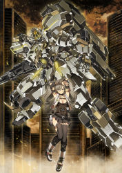 Rule 34 | 1girl, arms up, bad id, bad pixiv id, belt, boots, breasts, building, cleavage, drill hair, full body, garimpeiro, grey eyes, grey hair, highres, looking at viewer, mecha, miniskirt, original, pleated skirt, robot, science fiction, skirt, skyscraper, smile, solo, twin drills, vest