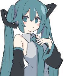 Rule 34 | 1girl, aqua eyes, aqua hair, aqua necktie, bare shoulders, black sleeves, blush stickers, closed mouth, detached sleeves, grey shirt, hair ornament, hand on own chest, hatsune miku, highres, long hair, looking at viewer, n40a1, necktie, shirt, simple background, sketch, sleeveless, sleeveless shirt, solo, twintails, upper body, very long hair, vocaloid, white background