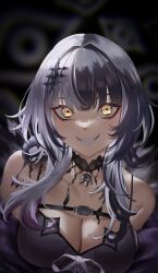 Rule 34 | 1girl, absurdres, aragiken, black background, black hair, breasts, chest belt, choker, cleavage, coat, fur trim, glowing, glowing eyes, grey hair, grin, hair ornament, highres, hololive, hololive english, looking at viewer, medium breasts, multicolored hair, shiori novella, shiori novella (1st costume), simple background, smile, solo, split-color hair, two side up, upper body, virtual youtuber, yellow eyes