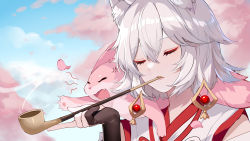 Rule 34 | 1girl, absurdres, anger vein, animal ears, black gloves, blue sky, chinese commentary, closed eyes, cloud, commentary request, day, fox ears, genshin impact, gloves, hair between eyes, highres, holding, holding smoking pipe, japanese clothes, kimono, kiseru, kitsune saiguu, outdoors, petals, portrait, sheya, short hair, silver hair, sky, smoking pipe, solo, white kimono, yae miko, yae miko (fox)