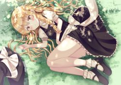 Rule 34 | :o, ankle socks, arm across chest, bad id, bad pixiv id, black footwear, black skirt, black vest, blonde hair, blush, braid, commentary request, dappled sunlight, day, frilled socks, frills, from above, grass, hair between eyes, hat, unworn hat, unworn headwear, kirisame marisa, long hair, looking at viewer, lying, mary janes, nibosi, on grass, on ground, on side, outdoors, petticoat, puffy short sleeves, puffy sleeves, shirt, shoes, short sleeves, single braid, skirt, socks, sunlight, touhou, very long hair, vest, white shirt, white socks, witch hat, yellow eyes