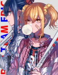 Rule 34 | 10s, 2girls, bandaid, bandaid on face, baseball bat, bat (animal), blue hair, blue nails, brown hair, blowing bubbles, chewing gum, collar, danjou sora, earrings, holding, holding baseball bat, jacket, jewelry, looking at viewer, multiple girls, nail polish, over shoulder, pipimi, poptepipic, popuko, red nails, sidelocks, sketch, two side up, upper body