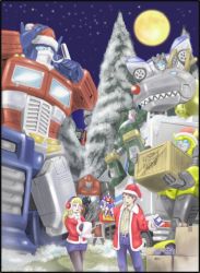 Rule 34 | 1980s (style), 1990s (style), 1girl, 6+boys, antlers, armor, autobot, beast wars, bell, boots, box, bumblebee, capelet, carly (transformers), christmas, christmas ornaments, christmas tree, container, decepticon, dinosaur, gift, gift box, gloves, glowing, gorilla, grimlock, hat, helmet, holding, horns, hound (transformers), insignia, ironhide, jazz (transformers), kamizono (spookyhouse), long hair, machine, machinery, maximal, mecha, megatron, merry christmas, metalhawk, motor vehicle, multiple boys, oldschool, open mouth, optimus primal, optimus prime, pretender, red eyes, red gloves, reindeer antlers, retro artstyle, robot, sack, santa costume, santa hat, science fiction, short hair, smile, snowflakes, snowing, soundwave (transformers), spike witwicky, standing, starscream, tape recorder, transformers, transformers super-god masterforce, truck, tyrannosaurus rex