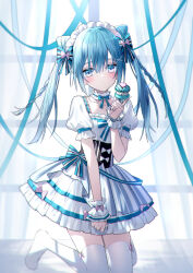 Rule 34 | 1girl, blue eyes, blue ribbon, blush, breasts, closed mouth, collarbone, commentary request, curtains, dress, food, hair ribbon, highres, holding, holding food, kazunehaka, kneeling, lolita fashion, looking at viewer, maid, maid headdress, mint chocolate, neck garter, no shoes, original, pleated dress, puffy short sleeves, puffy sleeves, ribbon, short sleeves, small breasts, solo, thighhighs, twintails, white dress, white thighhighs, wrist cuffs