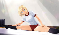 Rule 34 | 1girl, black socks, blonde hair, blue eyes, buruma, commentary request, feet out of frame, gym uniform, hair between eyes, indoors, kneehighs, leaning to the side, looking at viewer, mattress, no shoes, nonaka ritsu, open mouth, original, red buruma, shirt, short sleeves, socks, solo, split, white shirt