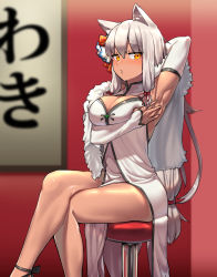 Rule 34 | 1girl, absurdres, animal ears, arm up, armpits, bare legs, blurry, blurry background, breasts, china dress, chinese clothes, cleavage, cleavage cutout, clothing cutout, crossed legs, depth of field, detached sleeves, dress, female focus, fur trim, girls&#039; frontline, hair ornament, highres, indoors, jacket, jacket on shoulders, kemonomimi mode, korean text, large breasts, long hair, looking at viewer, low-tied long hair, m590 (angel&#039;s trumpet) (girls&#039; frontline), m590 (girls&#039; frontline), official alternate costume, pelvic curtain, presenting armpit, sd bigpie, sidelocks, sitting, sleeveless, sleeveless dress, solo, spread armpit, white dress, yellow eyes