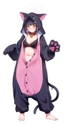 Rule 34 | 1girl, absurdres, animal collar, animal costume, barefoot, bell, black hair, black panties, blue archive, blush, breasts, buttons, cat costume, cat tail, clenched teeth, collar, full body, halo, highres, kazusa (blue archive), korean commentary, large breasts, long sleeves, looking at viewer, navel, neck bell, panties, pink halo, red eyes, short hair, simple background, solo, tail, teeth, toes, underwear, white background, yn 6262