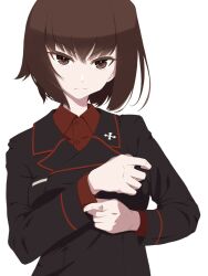 Rule 34 | 1girl, adjusting sleeves, black jacket, brown eyes, brown hair, closed mouth, commentary, dress shirt, frown, girls und panzer, highres, insignia, jacket, kuromorimine military uniform, long sleeves, looking at viewer, military, military uniform, nishizumi maho, oritako, red shirt, shirt, short hair, simple background, solo, uniform, upper body, white background, wing collar